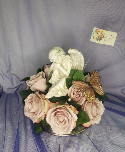 Relaxing Angel w Purple Roses & Butterfly Statue w Silk Flowers and Butterfly