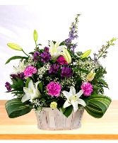 Cherished: Purple and White Basket Arrangement