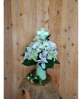 Restful Bouquet w/ Matthew 11:28 Ceramic Keepsake  Vase Arrangement 