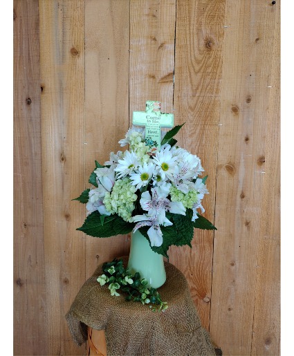 Restful Bouquet w/ Matthew 11:28 Ceramic Keepsake  Vase Arrangement 