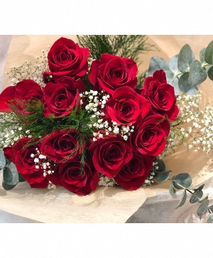 Rich Red Roses hand-tied with babys breath Cut Flowers