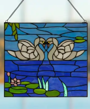 Romantic White Swans Stained Glass Window Panel 