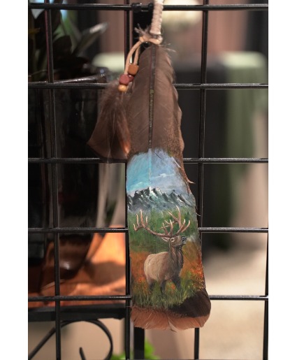 Roosevelt Elk Painted on a Turkey Feather 