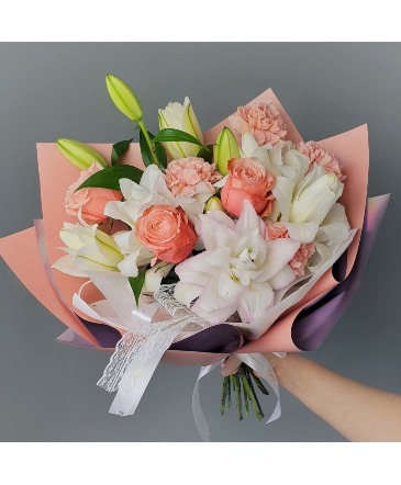 Rose and Lily Delight roses and lilies wrapped in Abbotsford, BC | BUCKETS FRESH FLOWER MARKET INC.