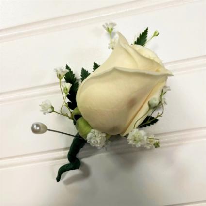 Rose Boutonniere with Baby's Breath available in white, pink, yellow, and red