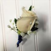 Rose Boutonniere with Ribbon Stem Wrap available in white, pink, yellow, and red