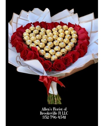 Rose & Chocolate Heart Wrapped Bouquet Fresh cut flowers & chocolates  in Brooksville, FL | ALLEN'S FLORIST OF BROOKSVILLE
