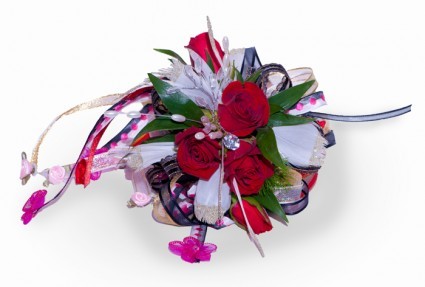 Rose Corsage with Custom Ribbon and Jewels Red Roses with Special Ribbons and Jewels