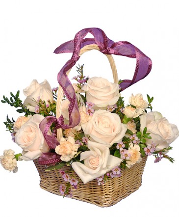 Rose Garden Basket Ivory Roses Arrangement in Circleville, OH | Purple Iris