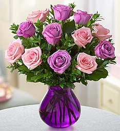 Rose Romance in Lavender and Pink Roses Purple Vase is Different from that shown, and lovely!