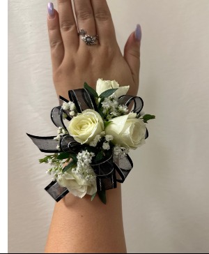 Rose Wristlet  White w/black & silver ribbon 