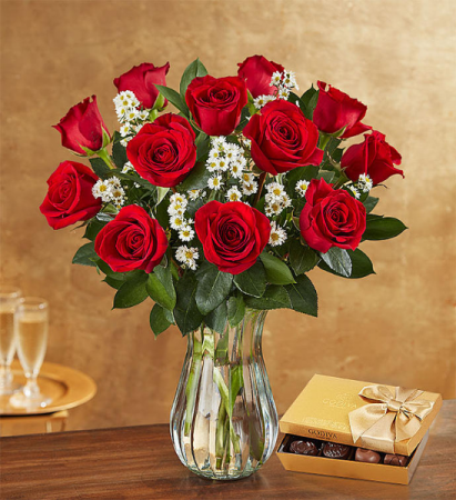 Dozen Roses and Godiva Vase Arrangement