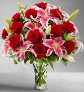 Roses and Lilies in Crystal Vase 