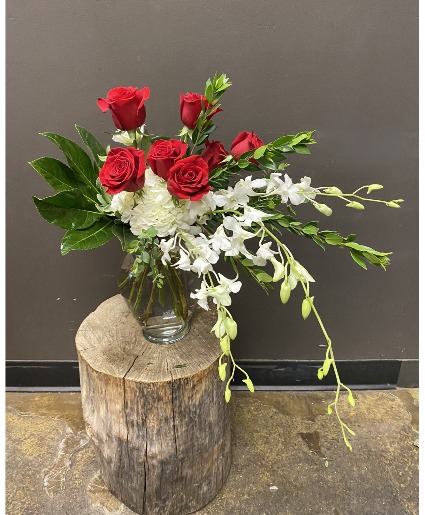 Roses and Orchids & Greens, Oh My! Captivating Arrangement of Reds & Whites