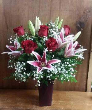 Roses and Stargazer Lilies Vased Arrangement