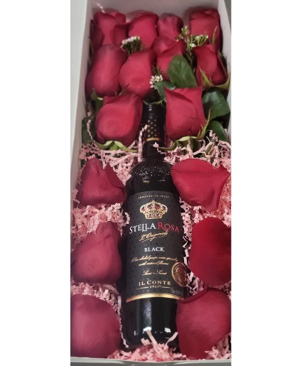 Roses and Wine Box Arrangement with Wine and Roses