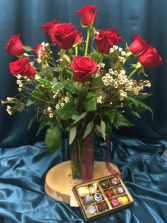 A Dozen Roses with Chocolates Arrangement in a Vase 