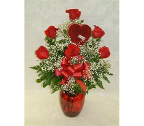 Roses & Chocolate Vase (local delivery only;heart-box available Jan. & Feb. only)