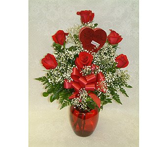 Roses & Chocolates Vase (local delivery only;heart-box available Jan. & Feb. only)