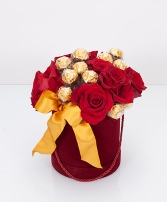 Roses & Ferrero Rocher chocolates in burgundy velvet box