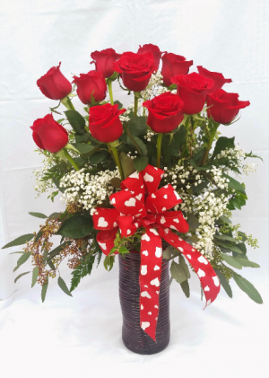 Roses In Red Vase Arrangement