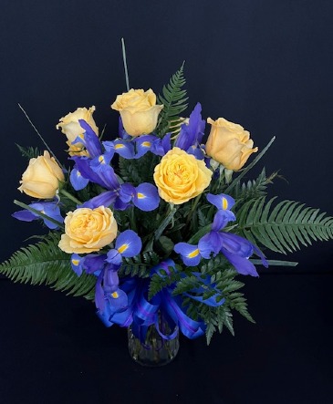 Roses & Iris Arrangement  in Highlands, TX | Alma's Flowers