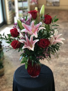 ROSES & LILIES IN RED VASE M20