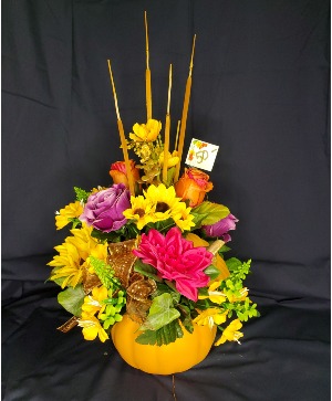 Roses, Sunflowers & Greenery in Pumpkin Vase 