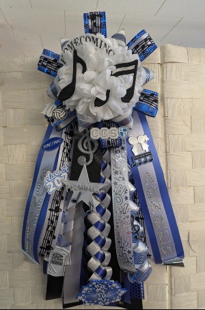 ROYAL BLUE,  BLACK, WHITE AND SILVER MUSIC THEME GARTER