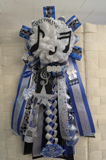 ROYAL BLUE, BLACK, WHITE AND SILVER MUSIC THEME GARTER