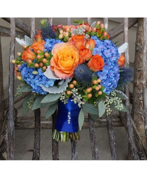Orange Blue Bouquet A burst of color for the springtime! | Orange wedding flowers