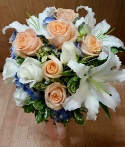Royal Blue Peach and White Bridal bouquet Hand-Tied Bridal Bouquet
