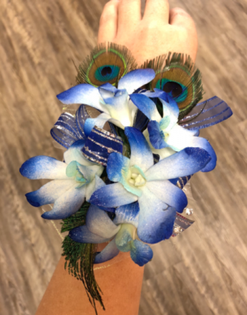 Royal Blue Tipped Orchids with Peacock Feathers  Wristlet 