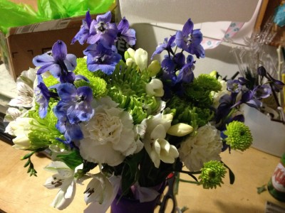 Royal Blue, White and Green hand tied bouquet