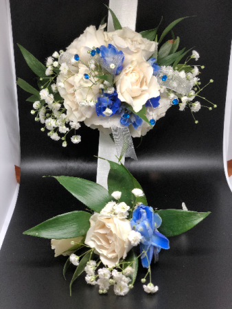 Royal Blue & White Wrist Corsage Powell Florist Exclusive