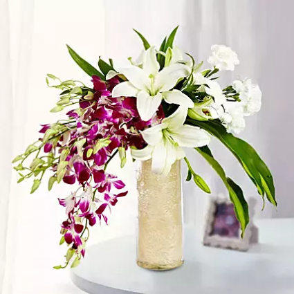 Royal lily orchid arrangement Valentine vase arrangement