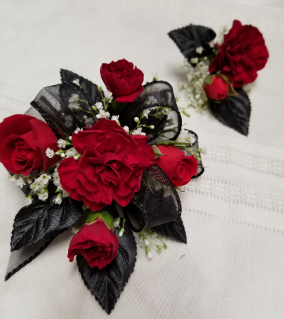 Royal Red Wrist corsage and boutonniere