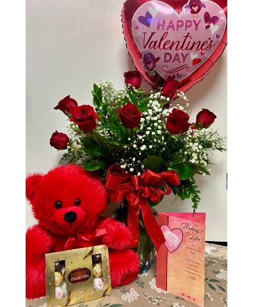 Ruby Bear Package  1 doz. roses with package in Humble, TX | TREASURES TO ADORE