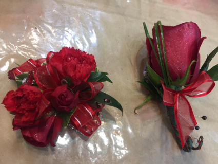 Ruby Red Engagement Corsage and Boutonniere