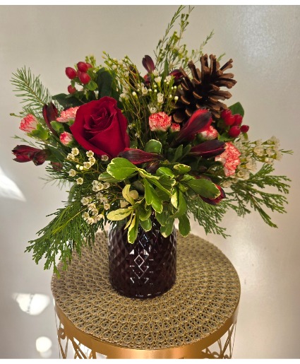 Ruby Red Holiday Winter Greenery with Fresh Flowers