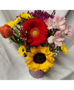 RUSH OF COLOR BOUQUET...irredescent pint mason Jar filled with seasonal bright mixed flowers! ( jar color and flowers may vary) and 