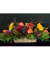  Autumn Sunrise Centerpiece Bark Containers in Chesterfield, Missouri | ZENGEL FLOWERS AND GIFTS