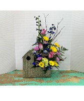 Rustic Bird house  Fresh arrangement 