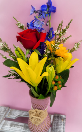 Rustic Burlap Rose Spring Arrangement