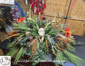 Rustic Deer Skull Themed Silk Cemetery Floral on brick with solar light