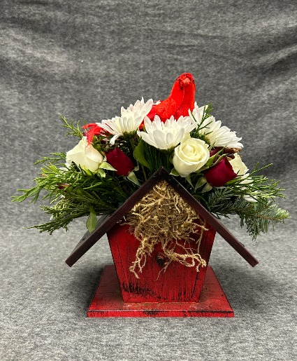 Rustic Holiday Birdhouse Holiday Arrangement