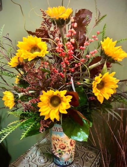 Rustic Tin Bucket with Sunflower Arrangement Enchanted Design