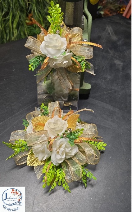 Rusty Orange Wrist Corsage and Pocket Boutonniere Silk Ensemble Set