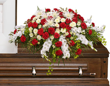 GRACEFUL RED & WHITE CASKET SPRAY  Funeral Flowers in Ridgecrest, CA | THE FLOWER SHOPPE