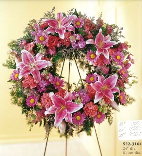 S22-3164 Pink Gazers Mix Round Wreath Easel